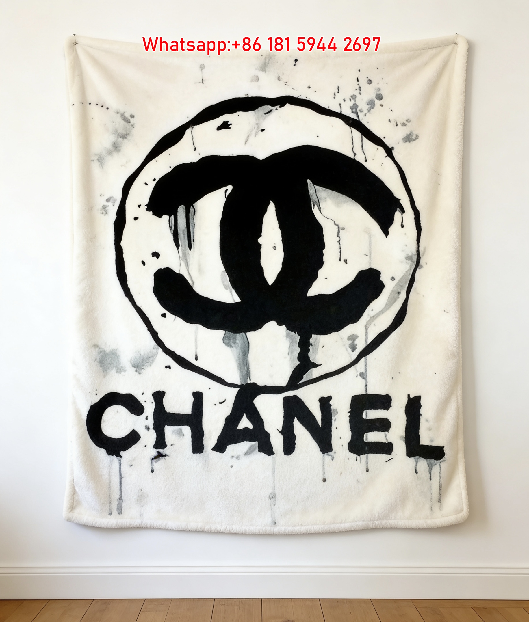 Chanel Black Dripping CC Logo Ink Art Flannel Sofa Throw Blanket IMG_6793